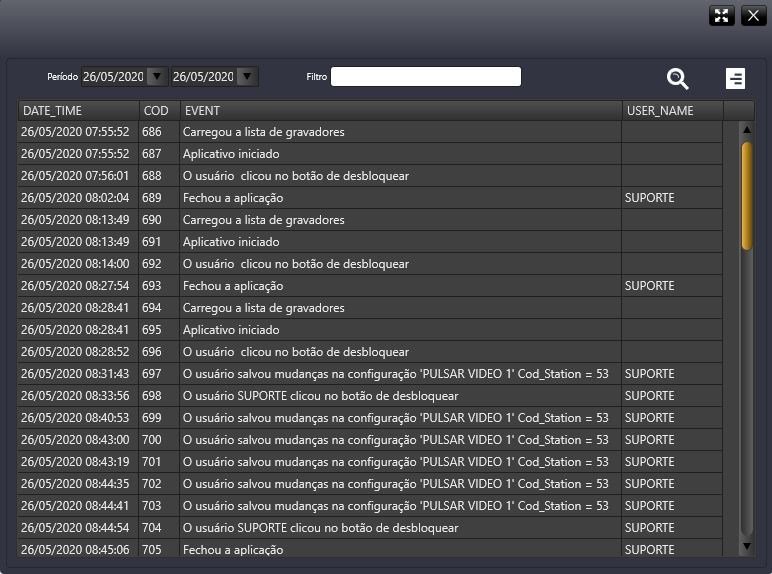 Tela da consulta dos logs de eventos no Video Logger