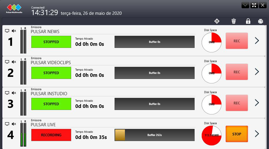 Tela com as gravações dos vídeos em andamento