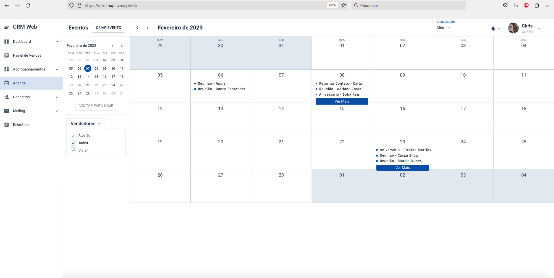 Tela com o calendário de agendamentos no CRM de Vendas